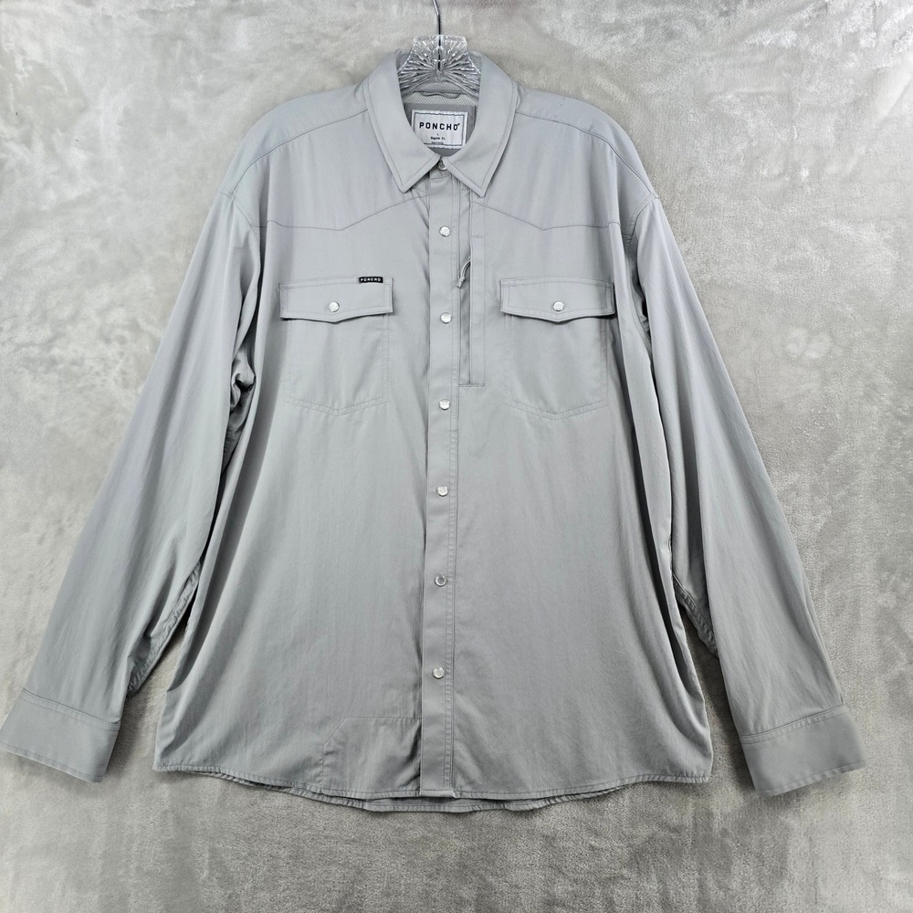 Poncho Shirt Men Large Gray Western Pearl Snap Long Sleeve Performance Outdoor